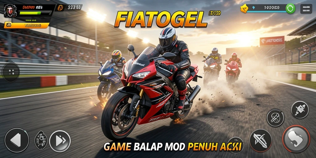 Tangkapan layar gameplay FIATOGEL yang menunjukkan balapan motor yang mendebarkan.