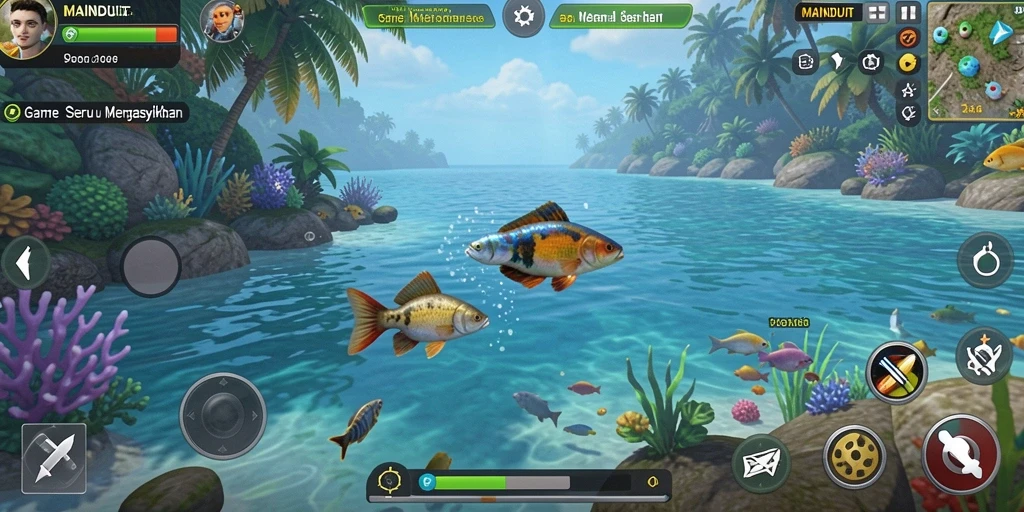 Screenshot gameplay <strong>MAINDUIT</strong> dengan aksi memancing yang dinamis.