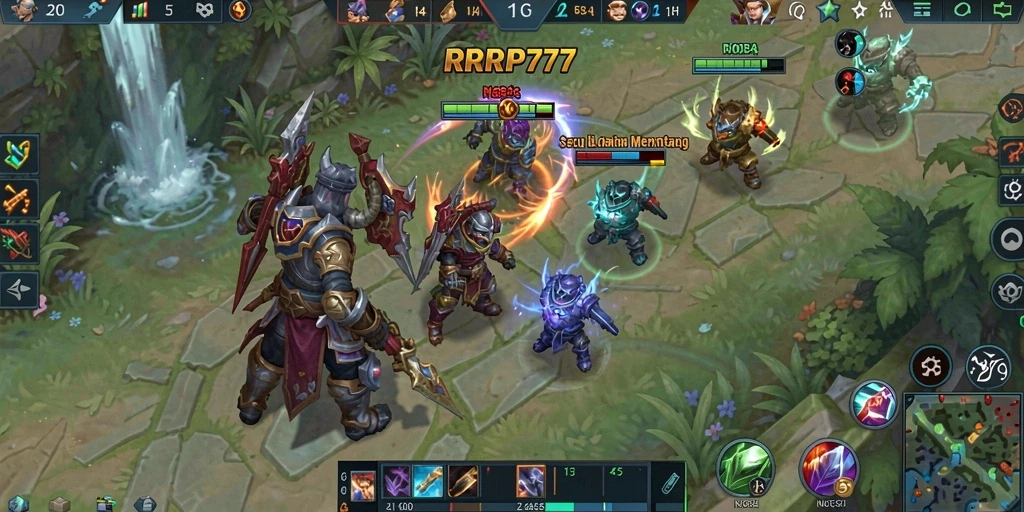 Tangkapan layar RPRP777 menampilkan aksi pertarungan dalam game MOBA yang intens.