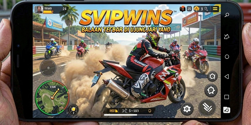 Screenshot SVIPWINS menampilkan atribut gameplay balapan motor yang mendebarkan.